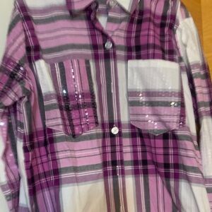 Plaid women’s  blouse with Sequins - Purple and White
